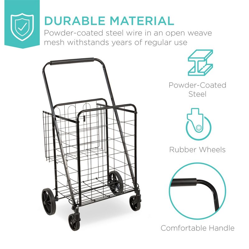 Best Choice Products Folding Steel Grocery Cart, Portable Basket for Shopping, Laundry w/ Swivel Wheels, 220lb Capacity