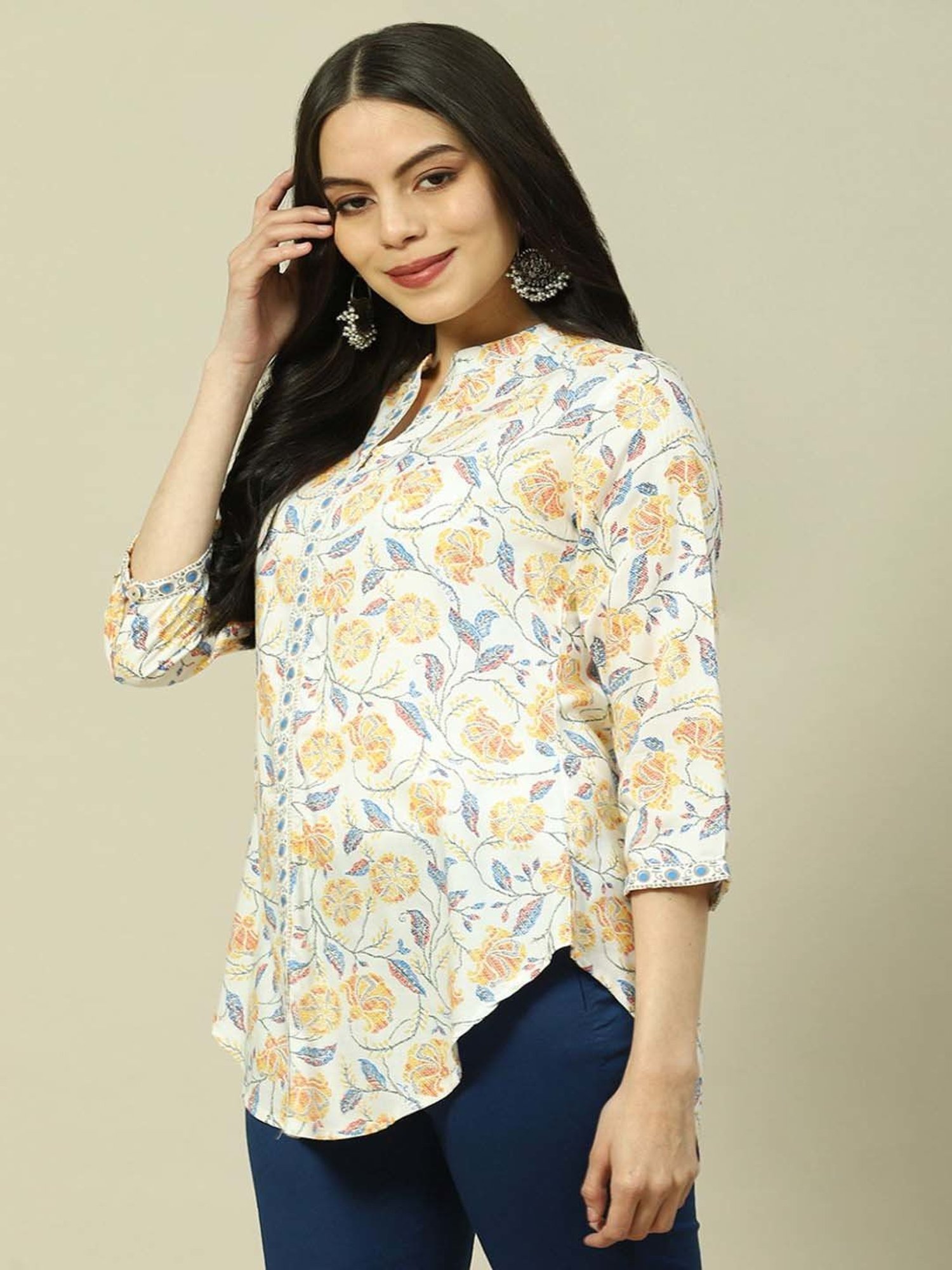 Rangriti White Floral Print Top