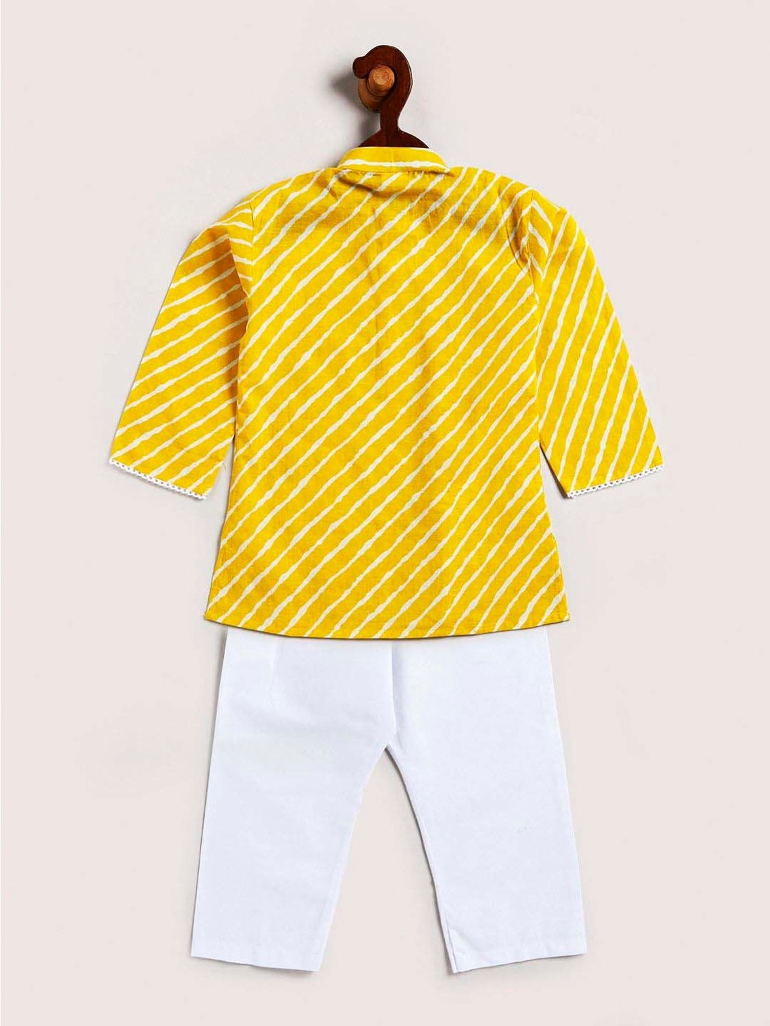 VASTRAMAY Boys Yellow & White Cotton Printed Full Sleeves Kurta Sets