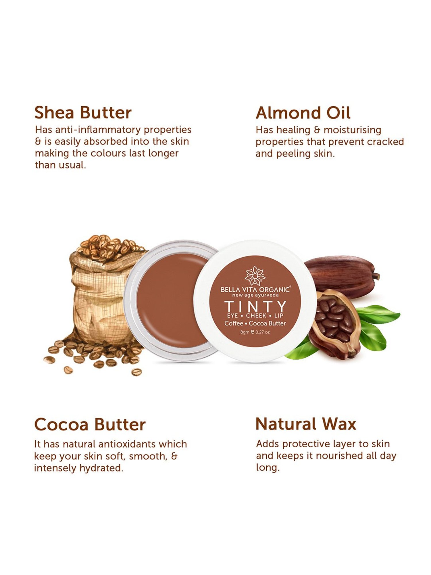 Bella Vita Organic Coffee 3 in 1 Tinty for Moisturizing & Nourishing - 8 gm