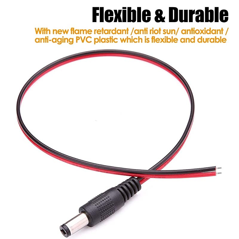 Real 18AWG x2 Copper Strands  10 Pack DC Power Pigtail Cable Wire12V 5A Male Connectors for CCTV Security Camera and Lighting Power Adapter 21 x 55mm Ultra Thick