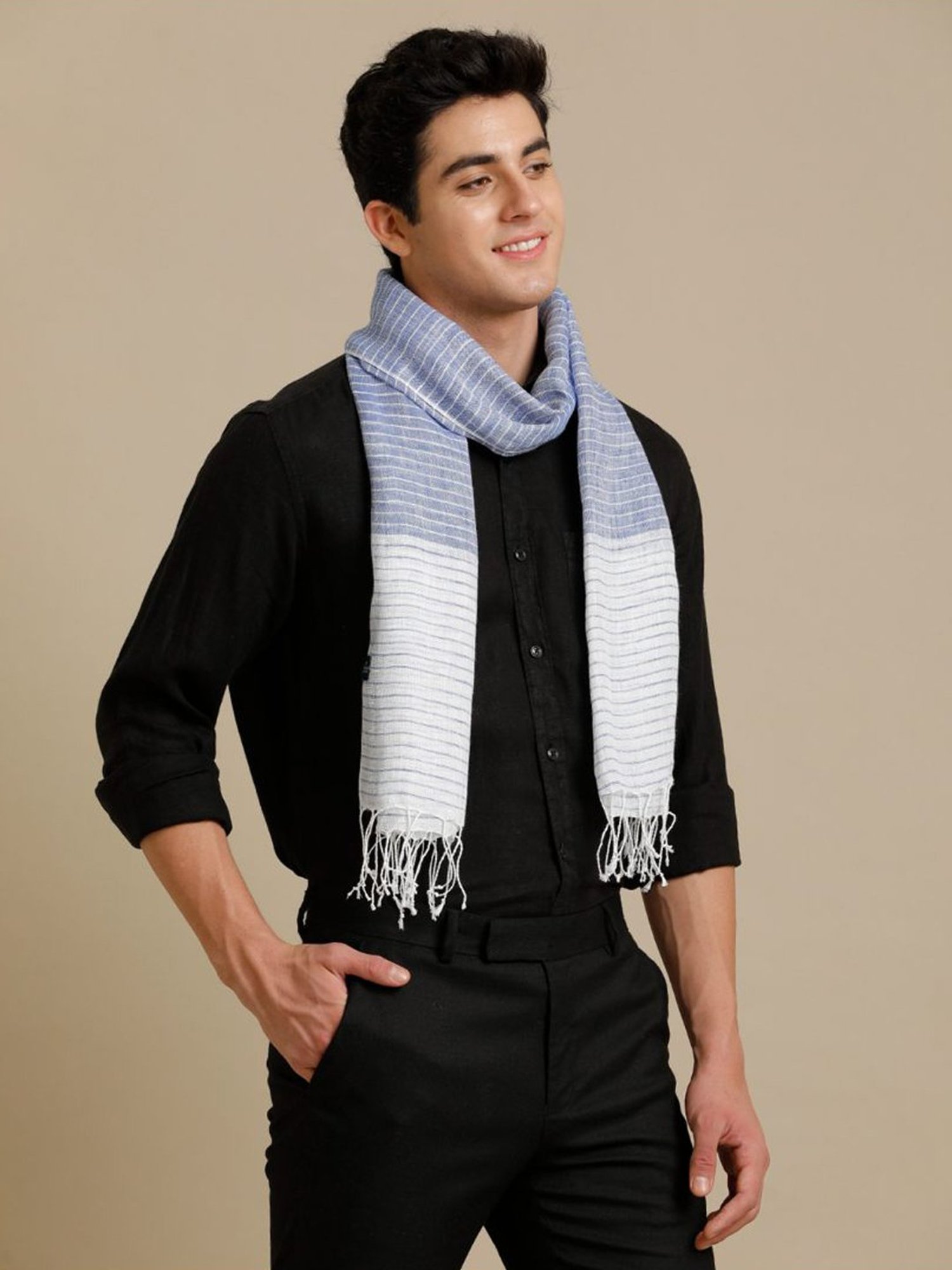 Linen Club Blue Striped Pure Linen Stole