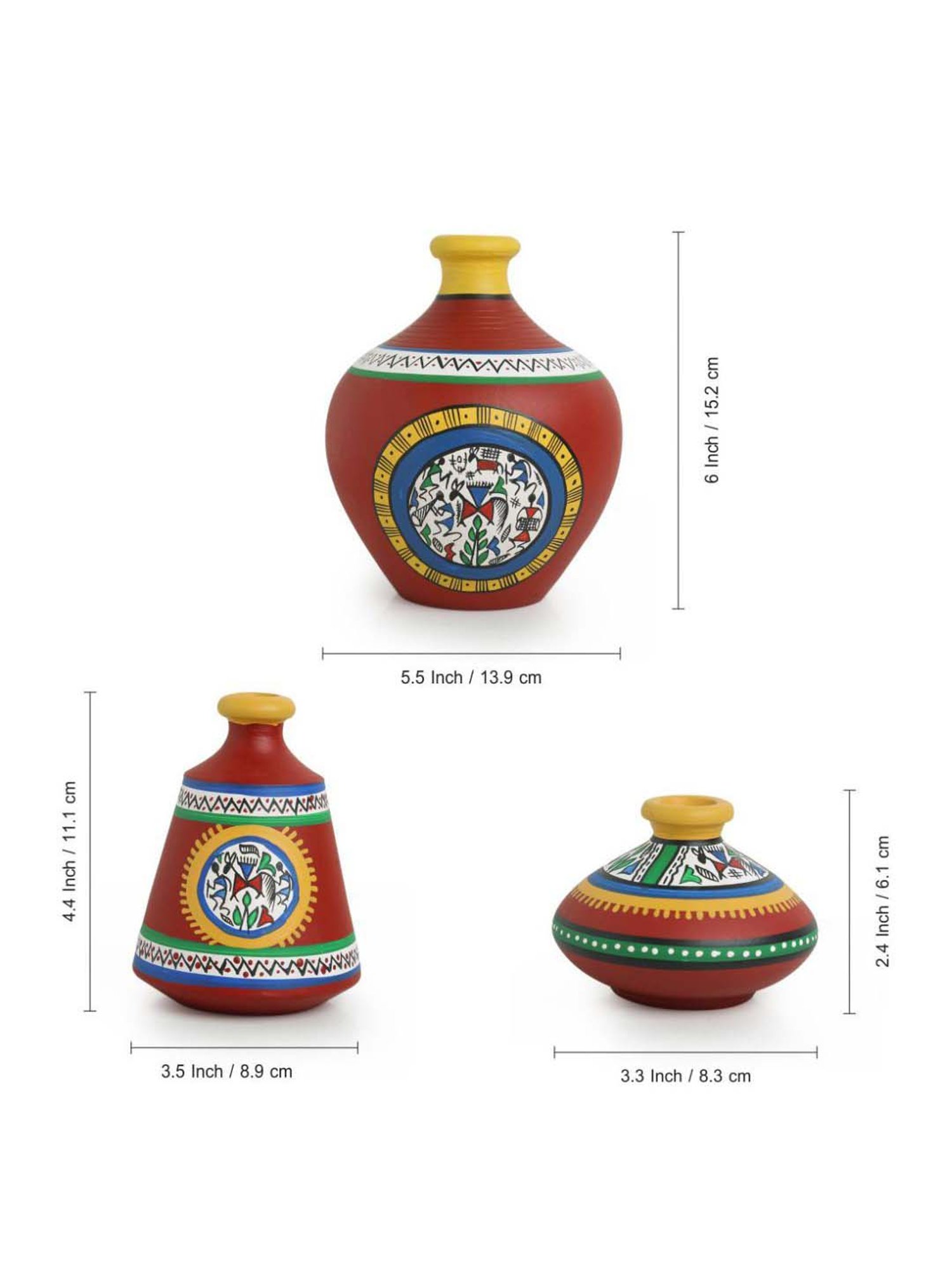 ExclusiveLane 'Warli Red Matkis' Hand-Painted Vases Combo In Terracotta (Set of 3)
