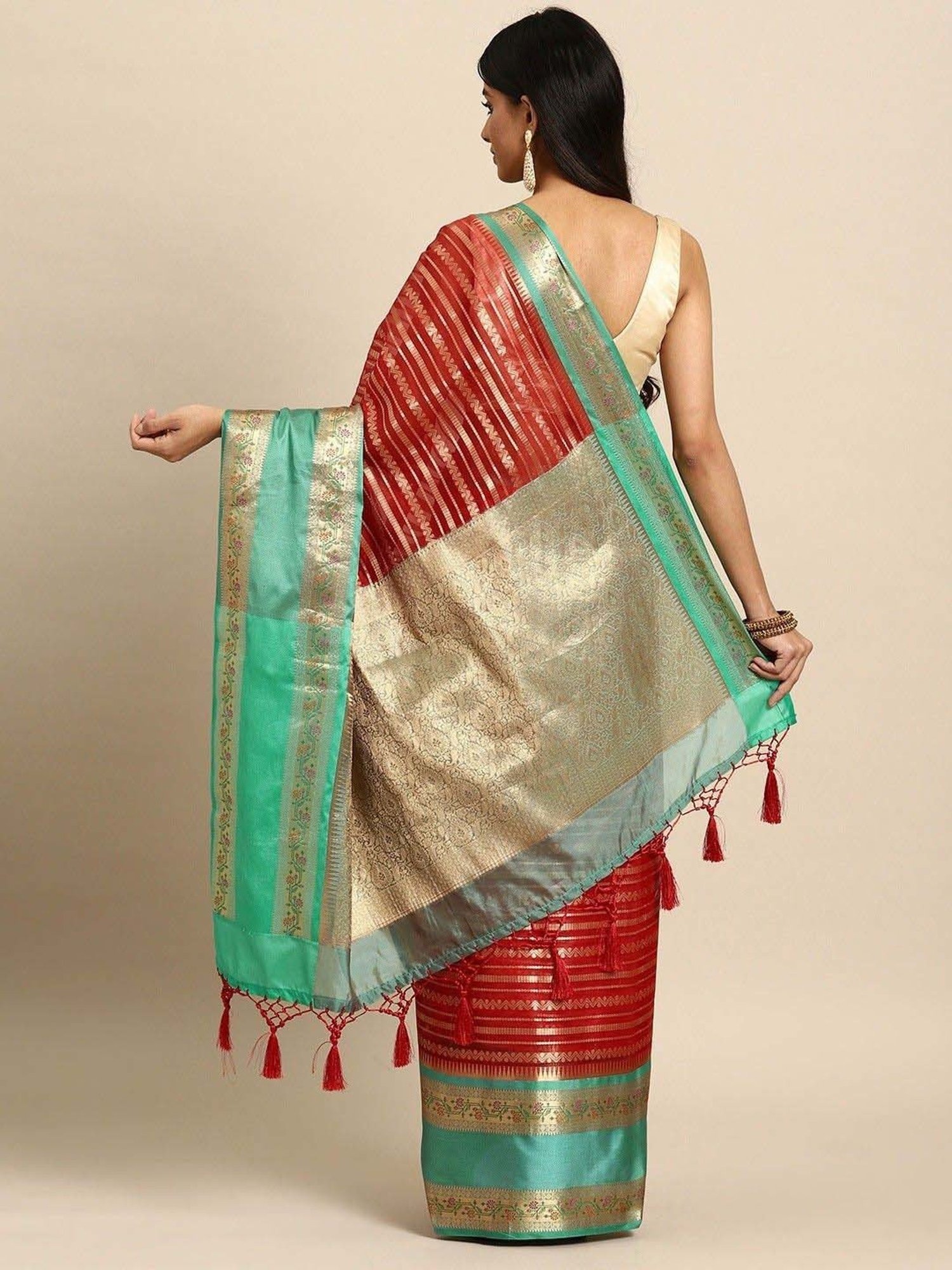 Silk Land Red & Green Woven Saree With Unstitched Blouse