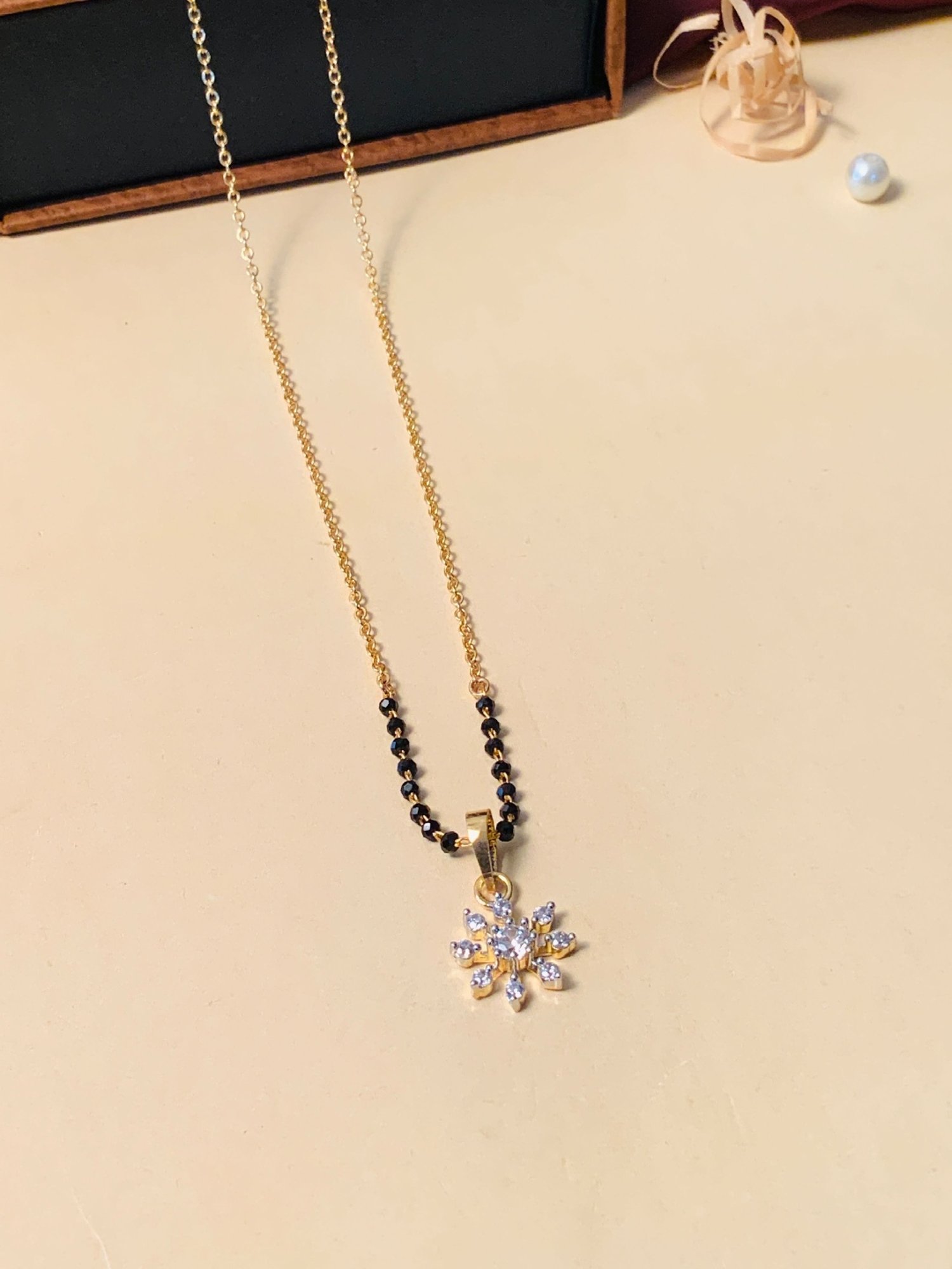 Abdesigns Gold-Plated American Diamond & Black Beaded Mangalsutra