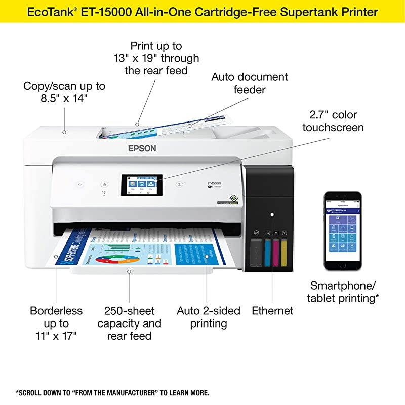 EcoTank ET15000 Wireless Color AllinOne Supertank Printer with Scanner Copier Fax Ethernet and Printing up to 13 x 19 Inches Works with Alexa
