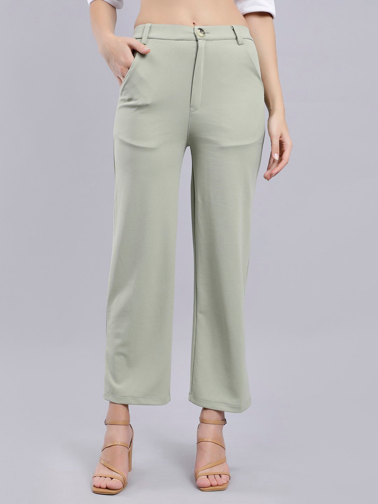 Anvi Be Yourself Green Straight Fit Mid Rise Trousers
