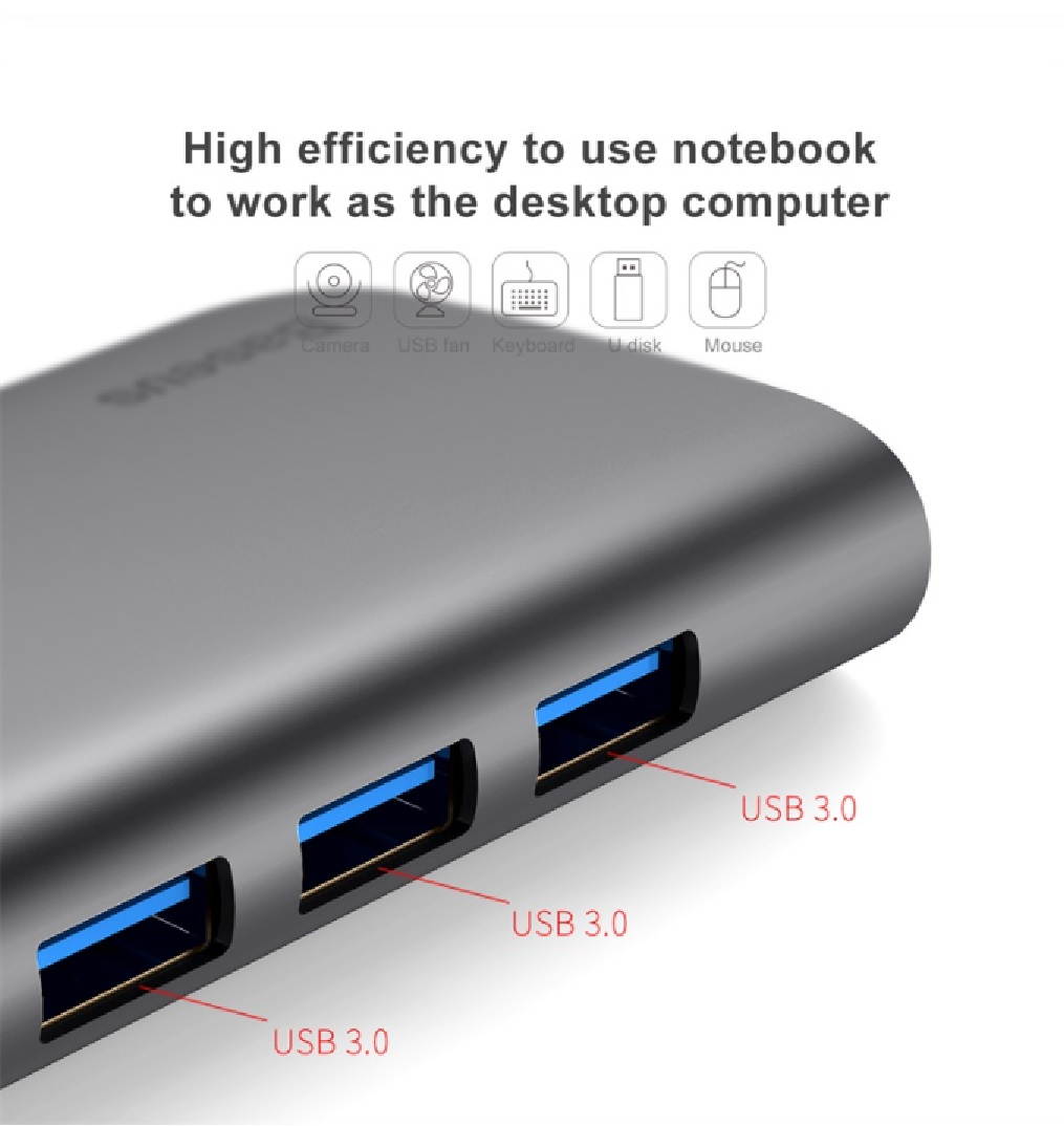 Baseus 8-in-1 Type-C HUB with 3 USB 3.0 Port SD / TF Card Reader 4K 30HZ HDMI Gigabit Ethernet USB-C HUB Digital 8in1 Adapter Expansion Dock for Type-C Notebook.