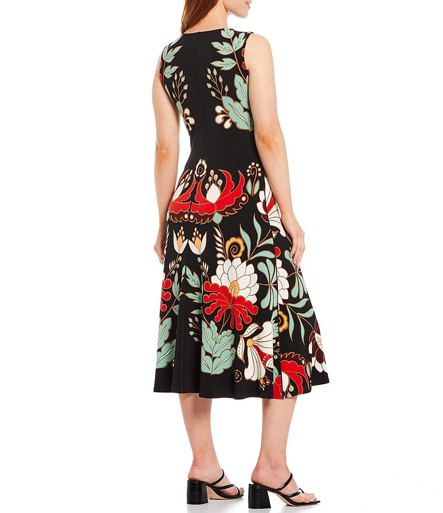 Eva Varro Floral Print Knit Jersey Sleeveless A-Line Midi Dress