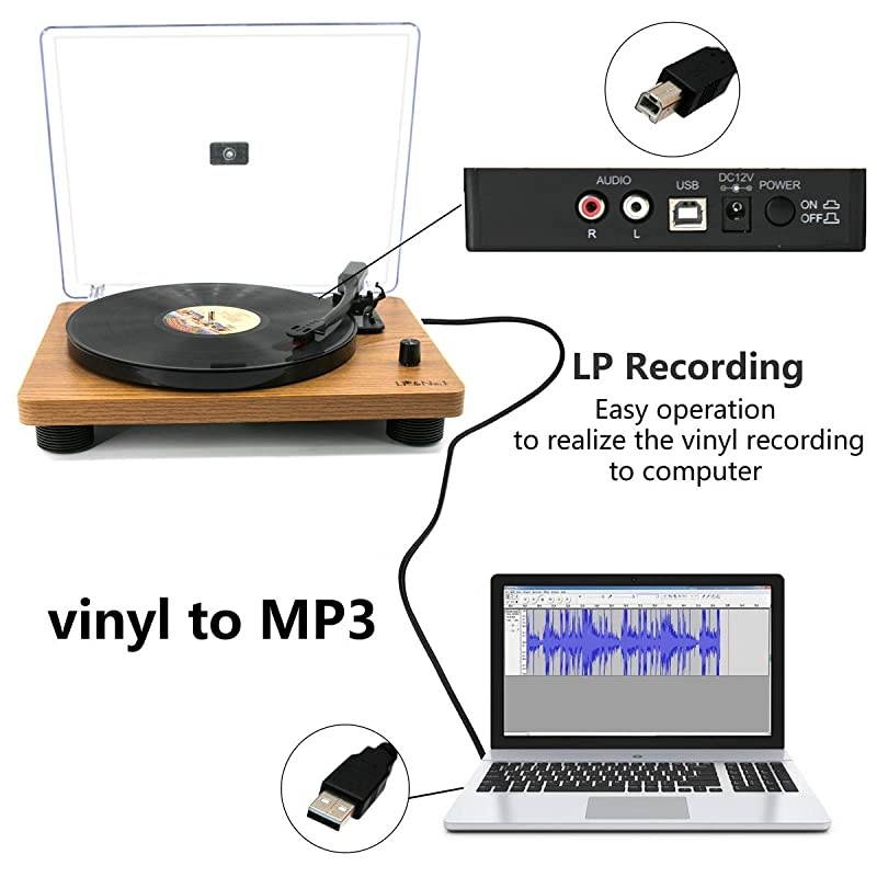 Bluetooth Vinyl Record Player, Belt-Drive Stereo Turntable for 3-Speed Vinyl Records with Convert Vinyl to Digital (Analog & USB), Built-in Speakers and RCA Output, Dark Brown