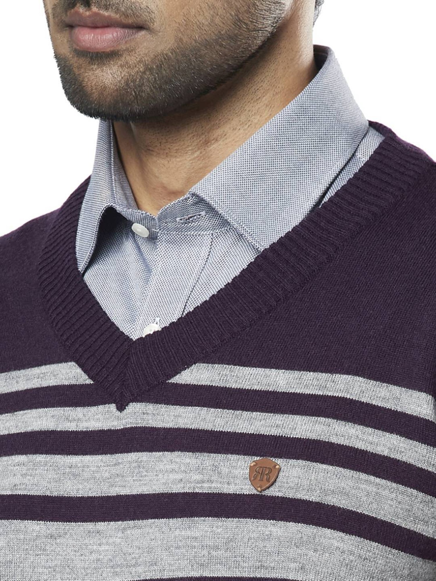 Raymond Purple  Regular Fit Striped Sweaters