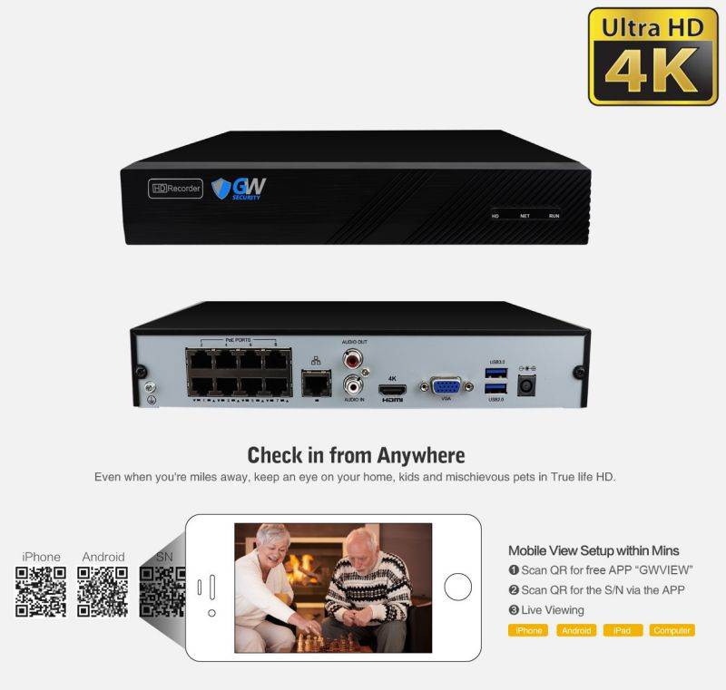 GW 8 Channel H.265 4K NVR 5MP 1920P 2.8~12mm Lens, Video Plug & Play IP Security System - 4 x POE 5MP Weatherproof IP Cameras (2TB Hard Drive Included)