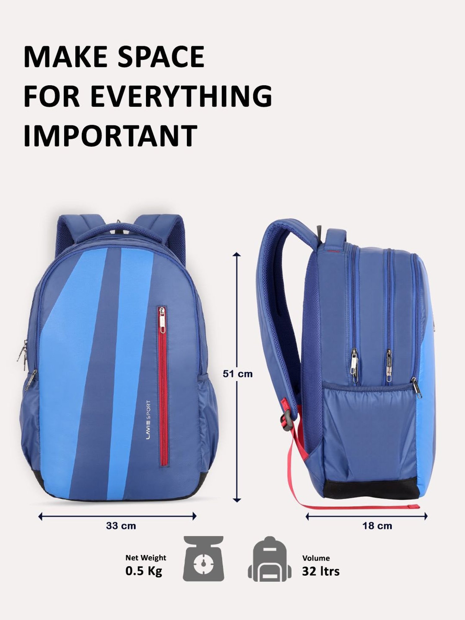 Lavie Sport Zolt 32L Laptop Backpack For Men & Women (Navy)