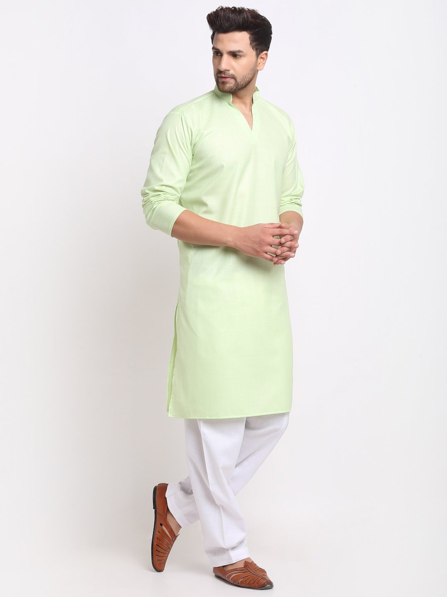 Benstoke Lime Green & White Cotton Regular Fit Kurta Set