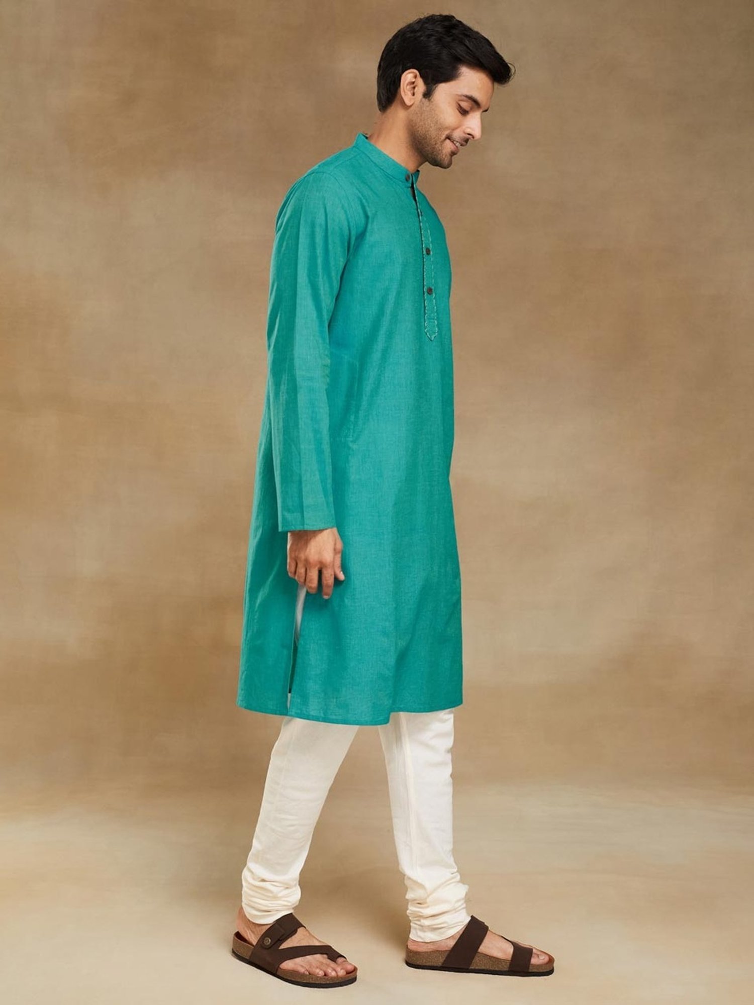 Fabindia Turquoise Cotton Slim Fit Kurta