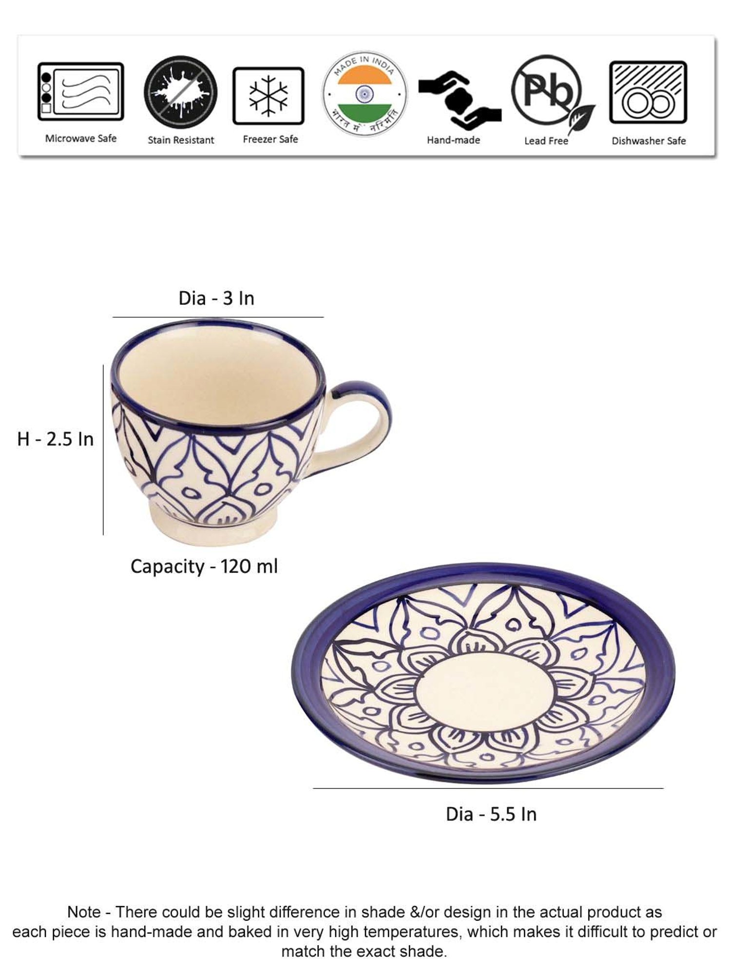 VarEesha Mehraab Off-White & Navy Ceramic Cup (0.12 L) with Saucer - Set of 6