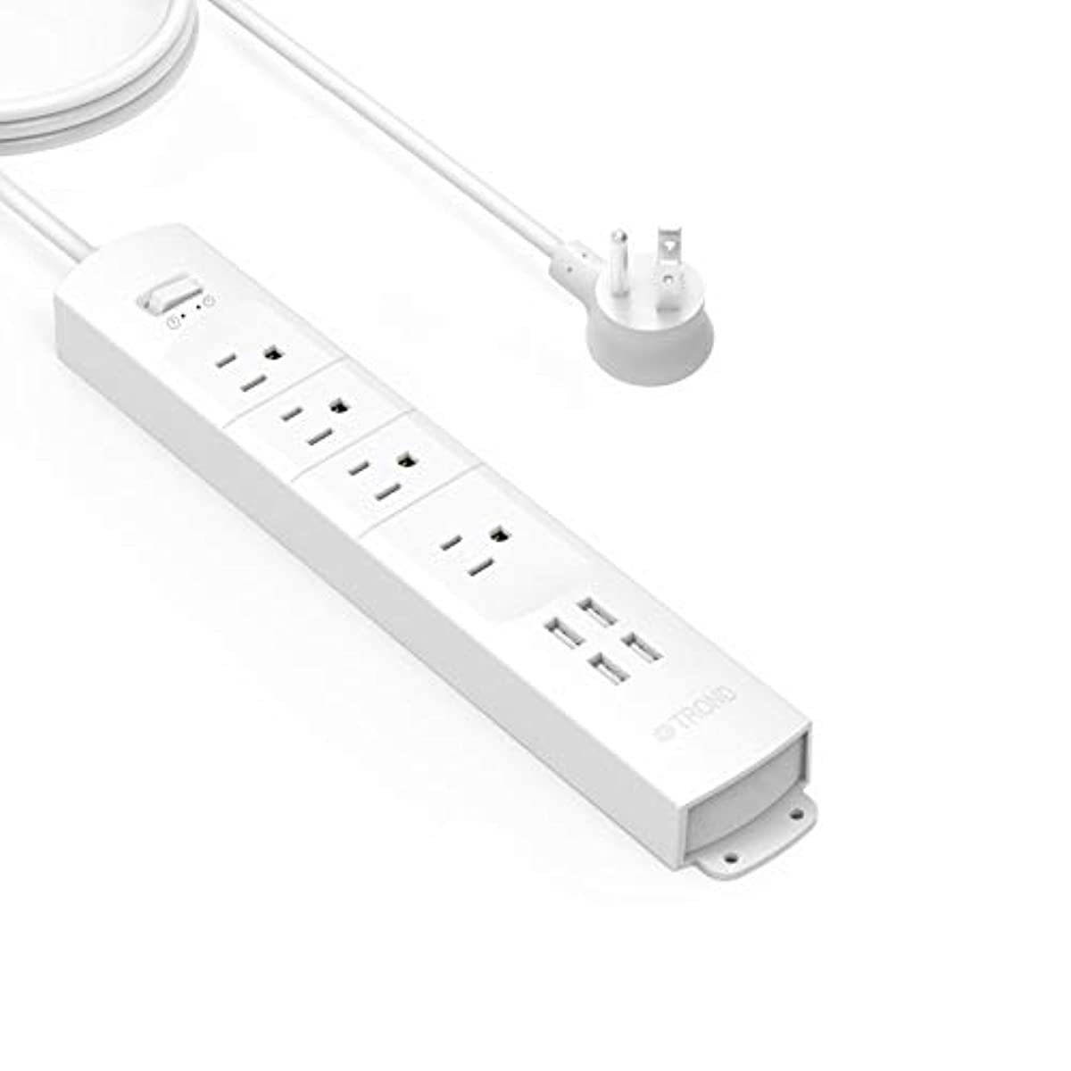 TROND Surge Protector Power Strip with USB, 4 AC Outlets & 4 USB Ports, Right-Angle Flat Plug & 6ft Long Cord, Wall Mount for Workbench, Nightstand, Dresser, Home, Office, Desk, White