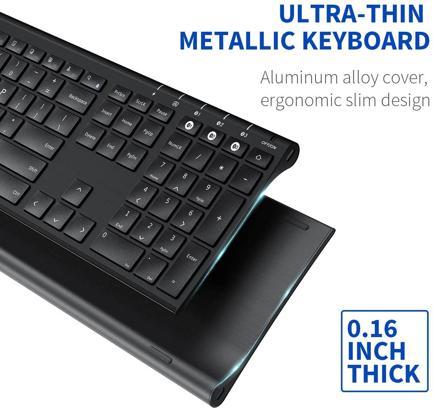 Multi-Device Bluetooth Keyboard - Jelly Comb Rechargeable Wireless Keyboard Full Size Ultra Slim Bluetooth Keyboard with Number Pad Compatible with Windows, Android, Mac OS and iOS (Black)