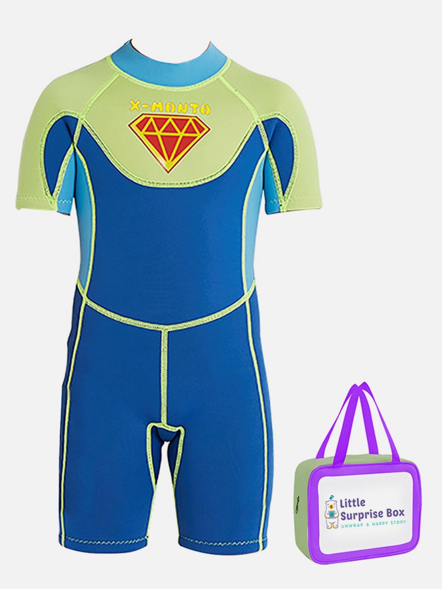 Little Surprise Box Kids Green & Blue Printed Swimsuit with Swim Bag