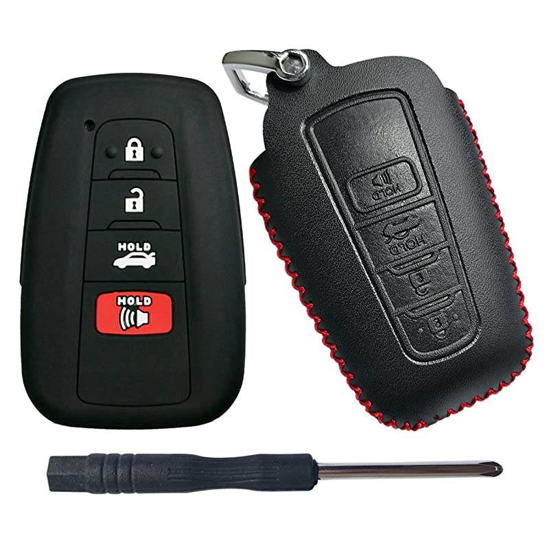 Leather Rubber 4 Buttons Smart Key Fob Ring Remote Cover Case Keyless Entry Full Protector Jacket Holder for 2018 Toyota Camry C-HR Prius HYQ14FBC