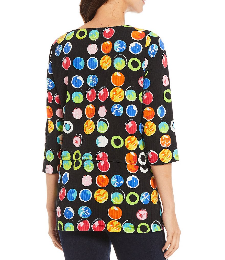 Ali Miles Petite Size Bright Dot Printed Rib Knit 3/4 Sleeve Pocket Tee