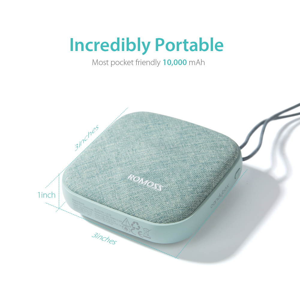 ROMOSS Style Power Bank 10,000mAh, Candybox 2.1A Dual USB Fabric Portable Charger with Hanging Ring Compatible for iPhone X, Samsung Galaxy S9 and More (Candy Green)