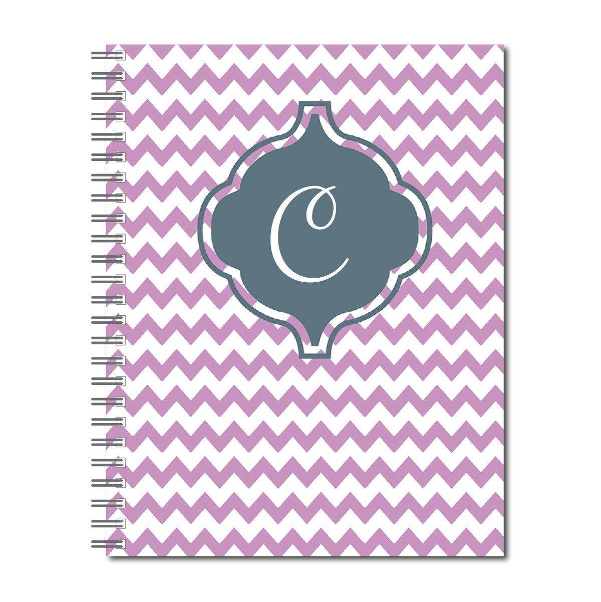 Purple Chevron Patterned Feminine Monogram Spiral Notebook/Journal, 120 Wide Ruled or Checklist Pages, durable laminated cover, and wire-o spiral. 8.5x11 | 5.5x8.5 | 8.5x8.5 | Made in the USA