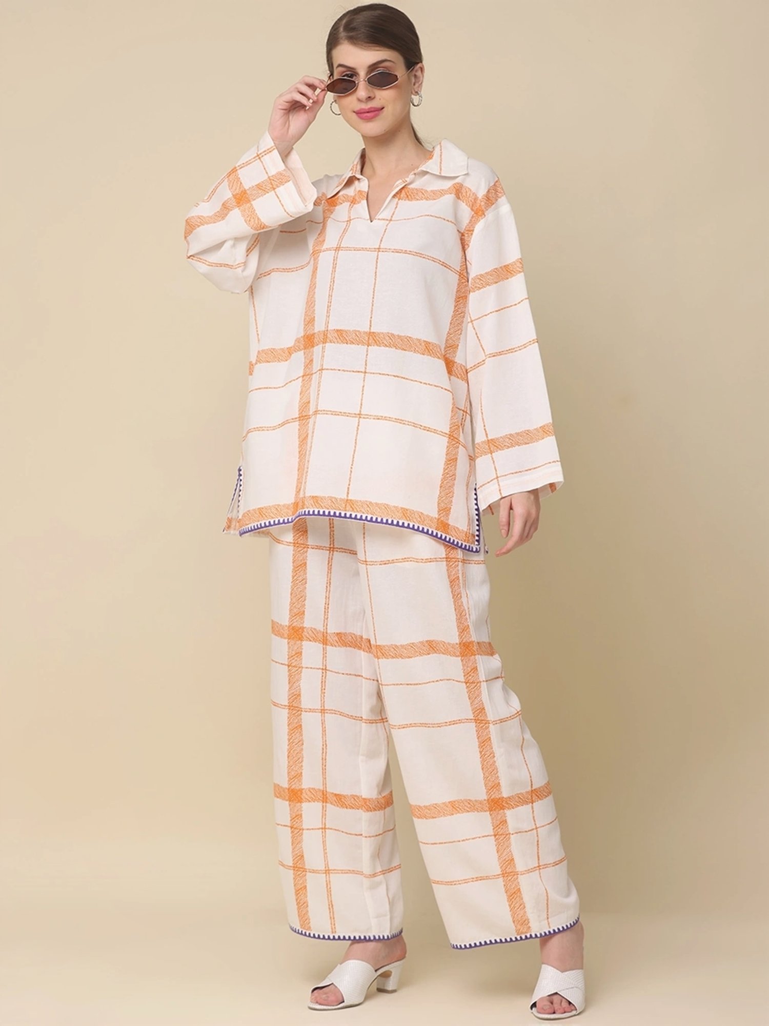 Zolo Label White Cotton Chequered Top Palazzo Set