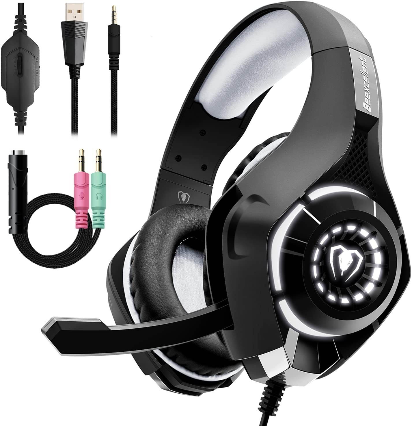 Beexcellent Gaming Headset for PS4 Xbox One PC with Noise Isolation Mic Crystal Stereo Surround Sound LED Lights (GM-1) (Grey)