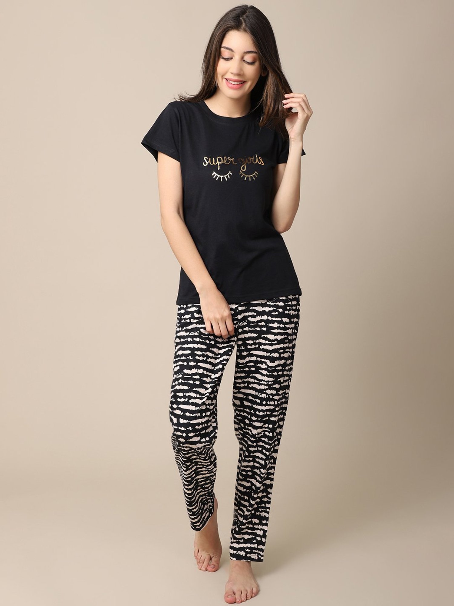 Boston Club Black Printed T-Shirt With Pyjamas
