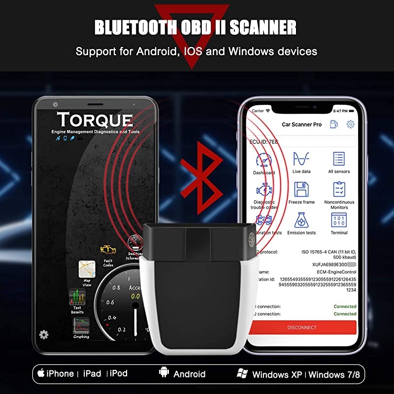 Wireless Bluetooth OBD2 Scanner Car Engine Fault Code Reader, CAN Diagnostic Scan Tool for OBDII Protocol Cars Since 1996, App Compatible with Android and iPhone