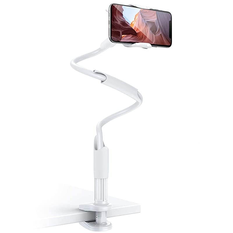 Phone Holder Bed Gooseneck Mount  Flexible Arm 360 Mount Clip Bracket Clamp Stand for Cell Phone 11 Pro XS Max XR X 8 7 6 Plus 5 4 Galaxy S10 S9 S8 S7 S6 Overall Length 334InWhite