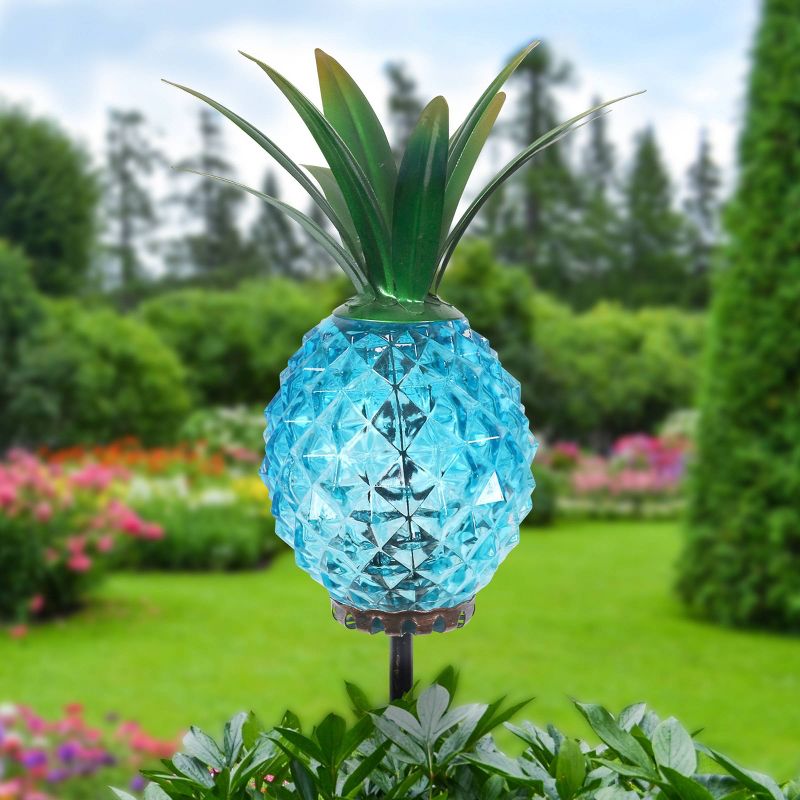 29" Metal and Glass Solar Pineapple Garden Stake Blue - Exhart