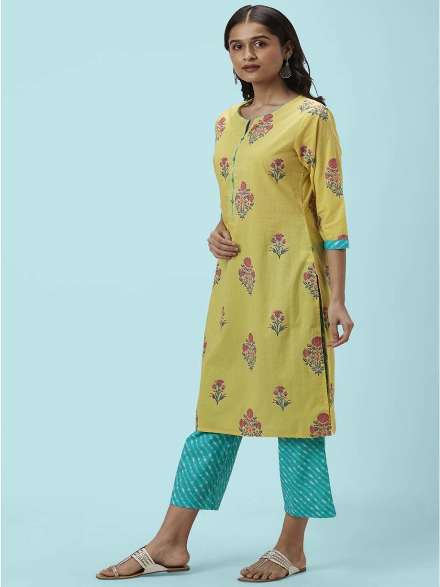 Rangmanch by Pantaloons Yellow & Blue Cotton Floral Print Kurta Palazzo Set