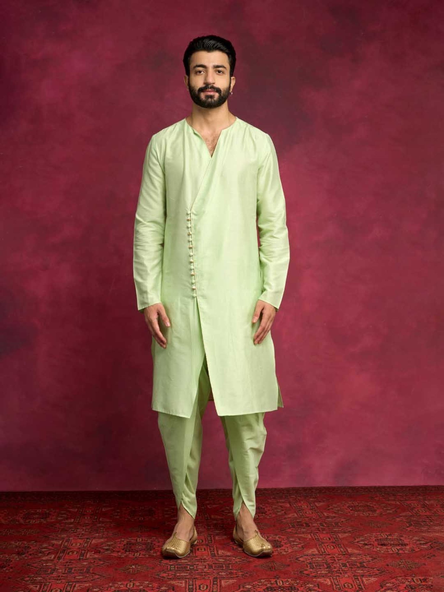 Abhishti Green Straight Fit Paneled Angrakha Kurta & Tulip Pants Set