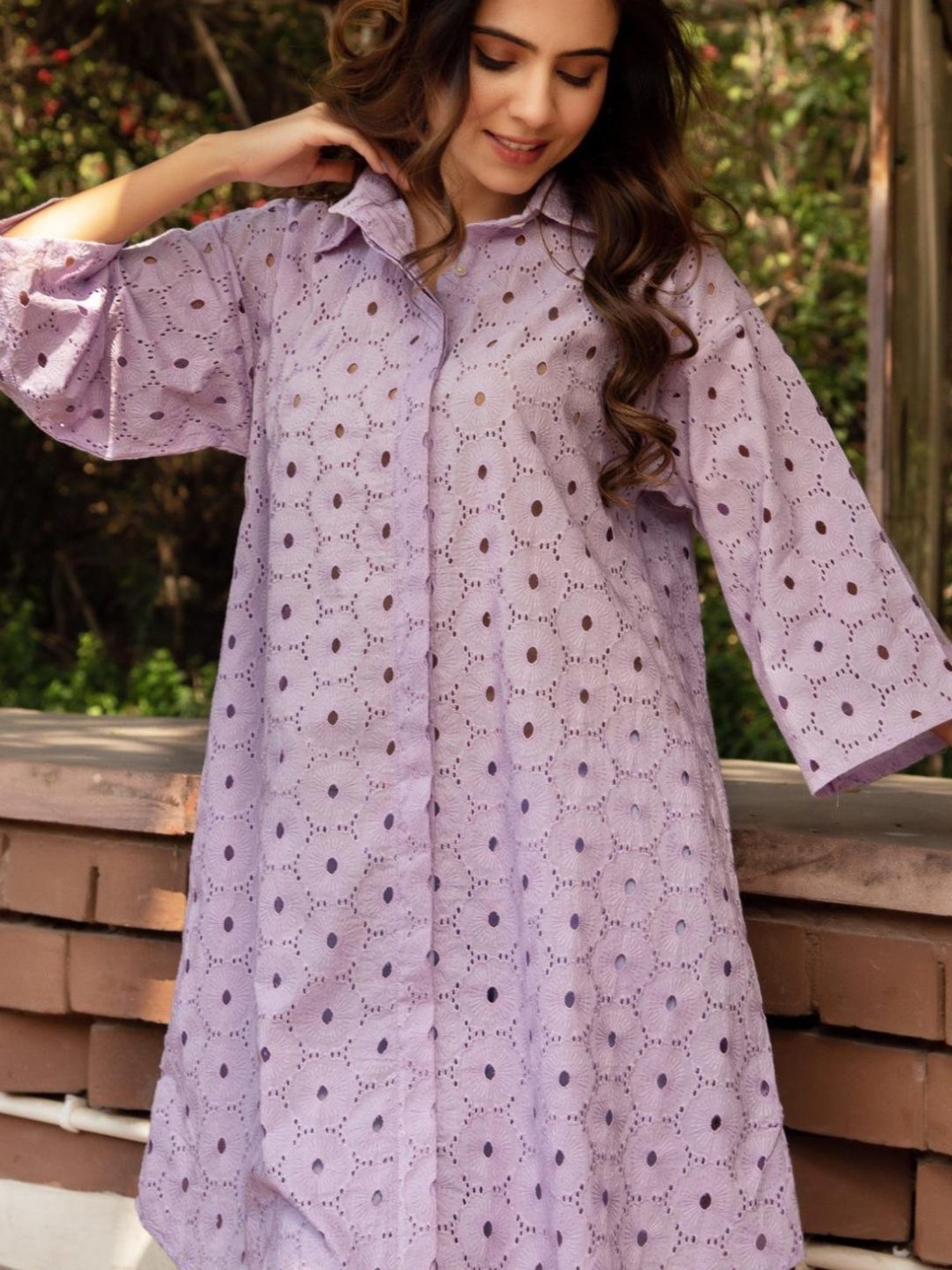Calmna Lavender Schiffli Tunic with Pant Co-ord Set