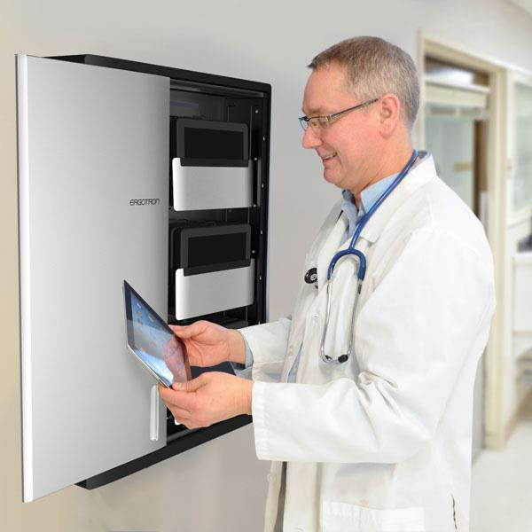 Ergotron Zip12 Charging Wall Cabinet - Up to 12" Screen Support - 44.40 lb Load Capacity - 35.6" Height x 26.4" Width x 5.9" Depth - Wall Mountable - Steel - Black, Silver