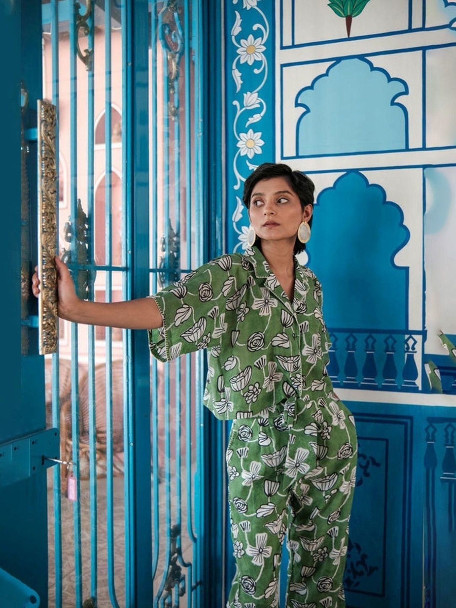 Khajoor Studio Fern Green Bageecha Botanical Vine Resort Shirt with Pant