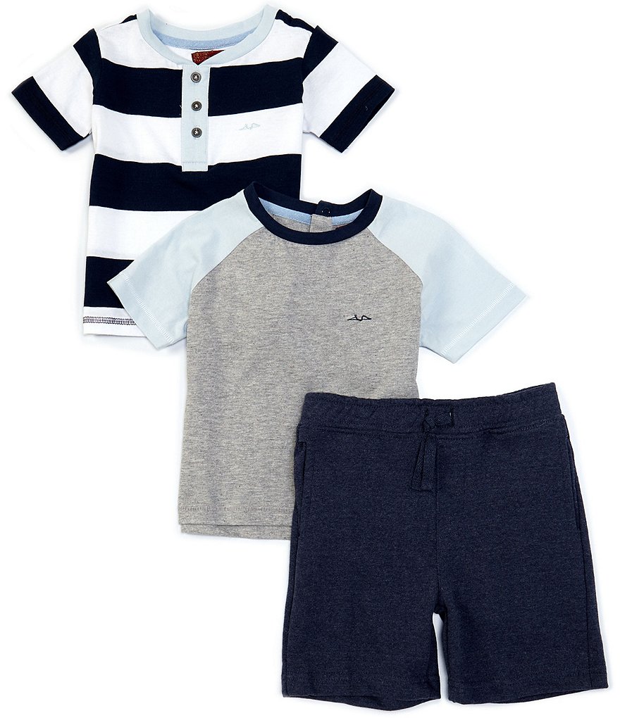 7 For All Mankind Baby Boys 12-24 Months Stripe Henley Tee, Colorblock Raglan Tee, & Pull-on Knit Shorts Set