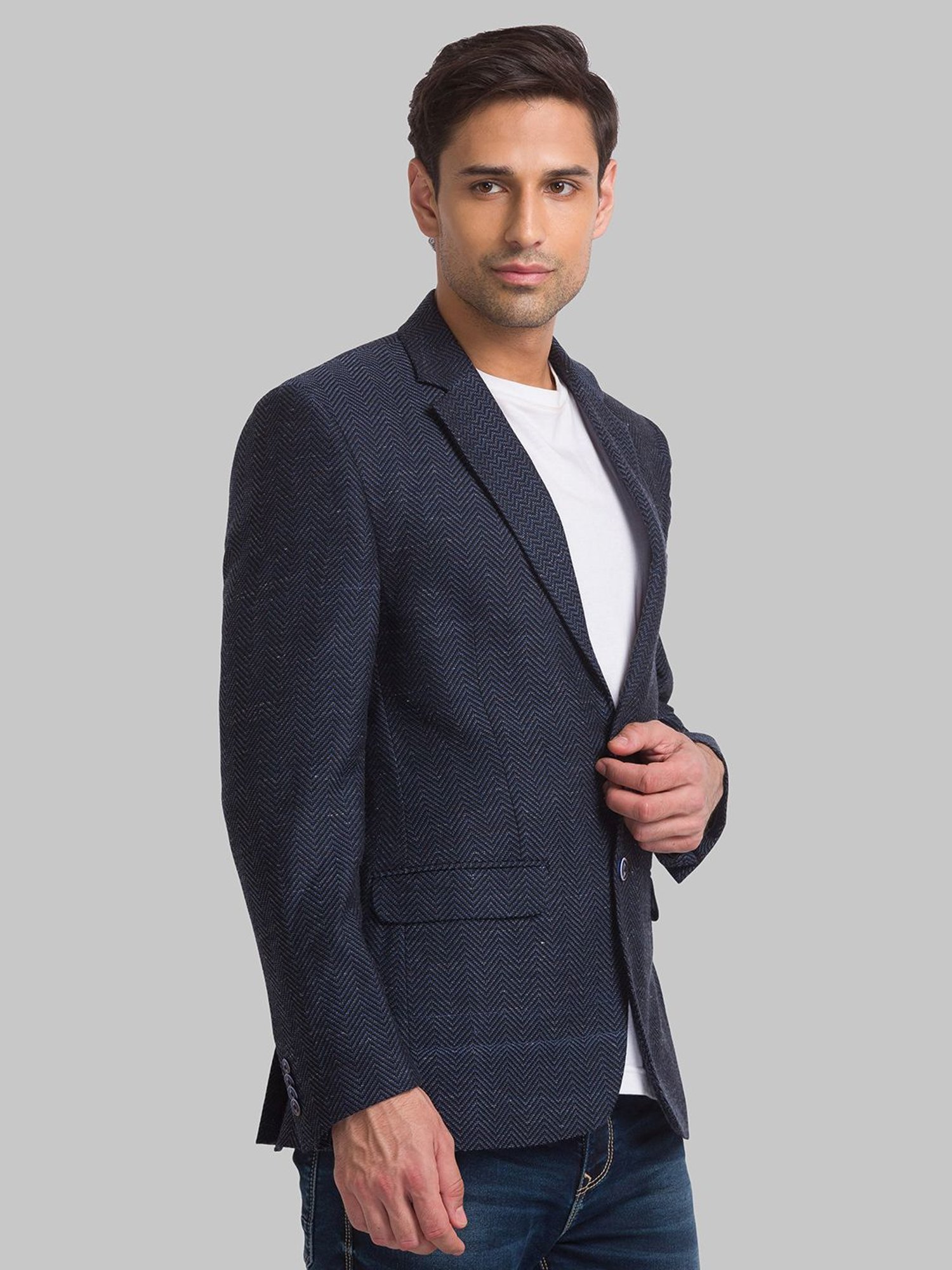 Park Avenue Dark Blue Regular Fit Herringbone Blazer