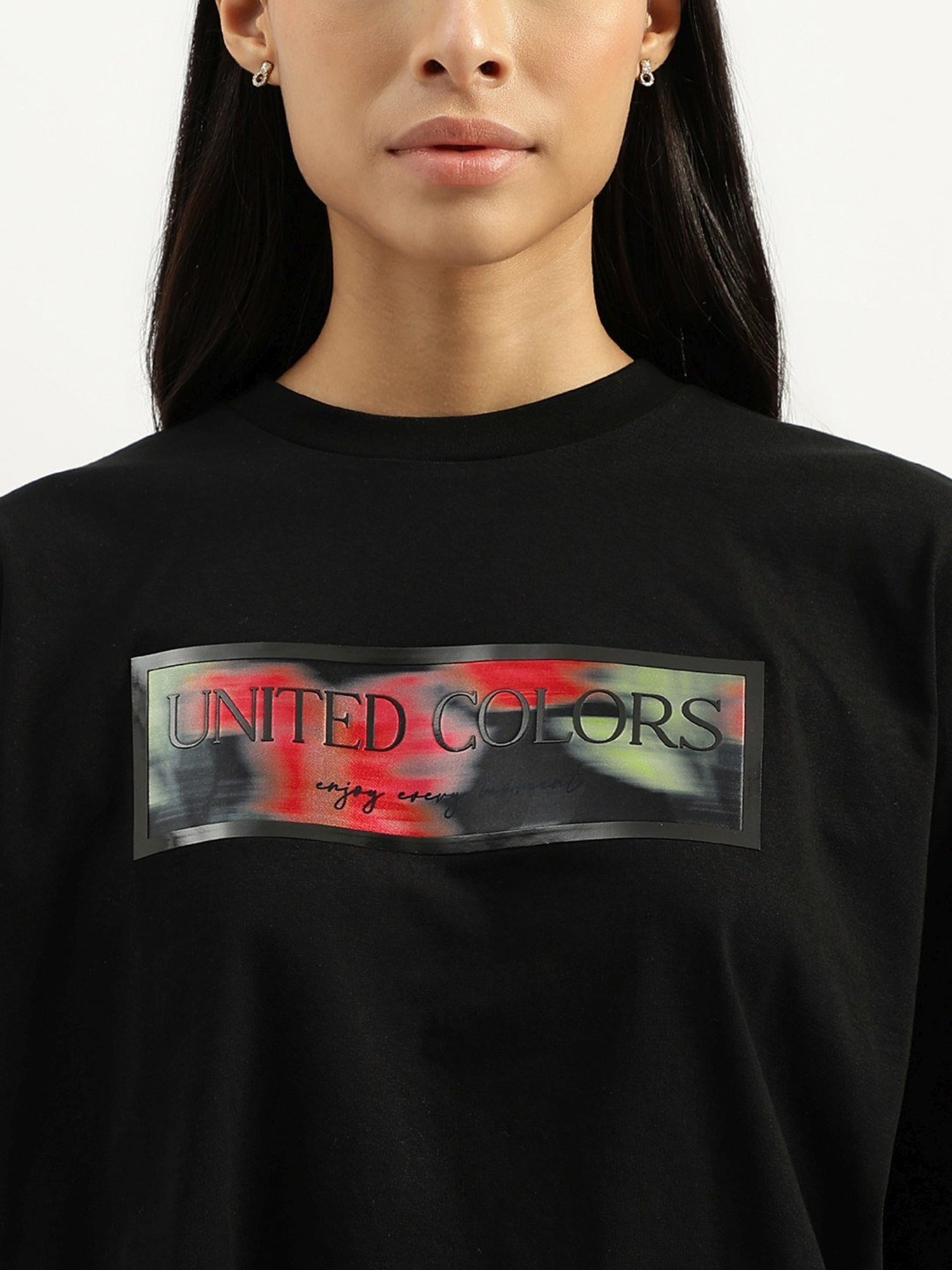 United Colors of Benetton Black Cotton Printed Crop T-Shirt