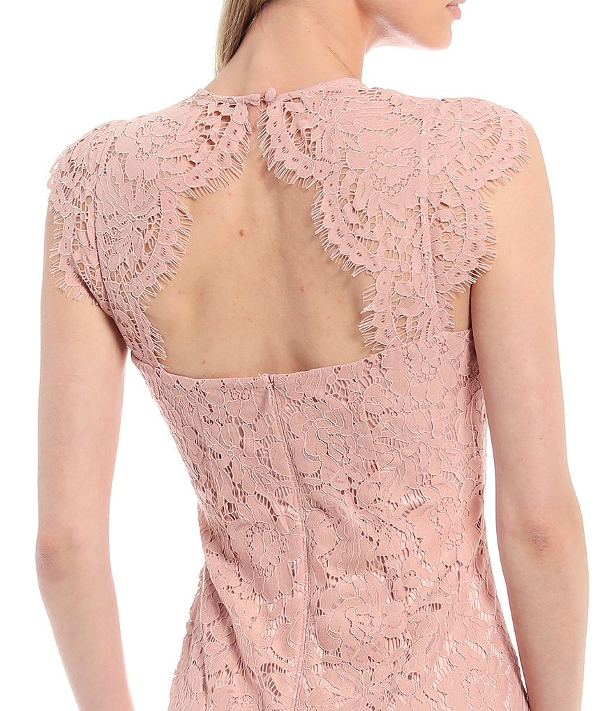 Vince Camuto Sleeveless Jewel Neck Ruffled Lace Scallop Hem Cotton Blend Sheath Dress