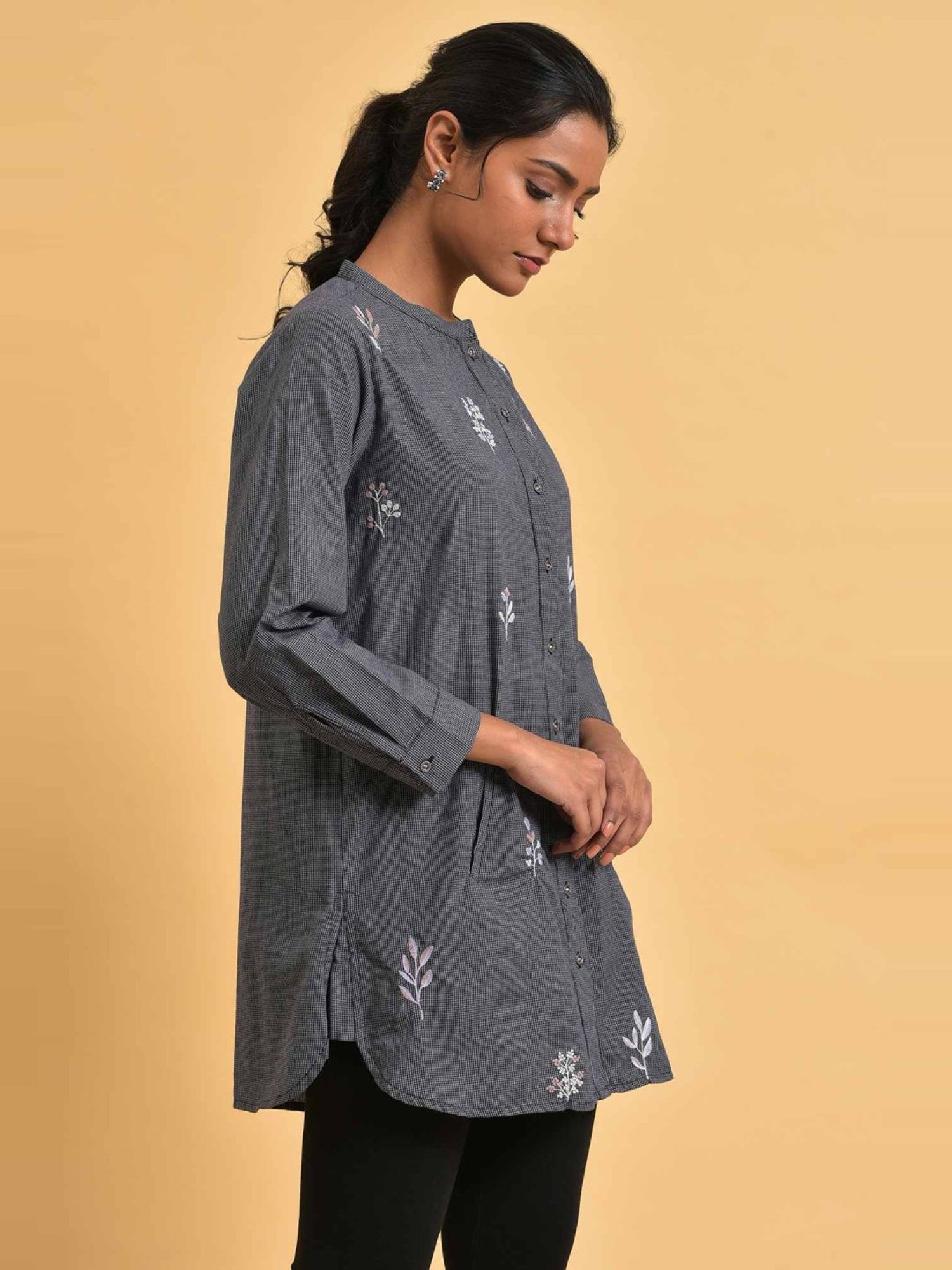 W Grey Cotton Embroidered Tunic