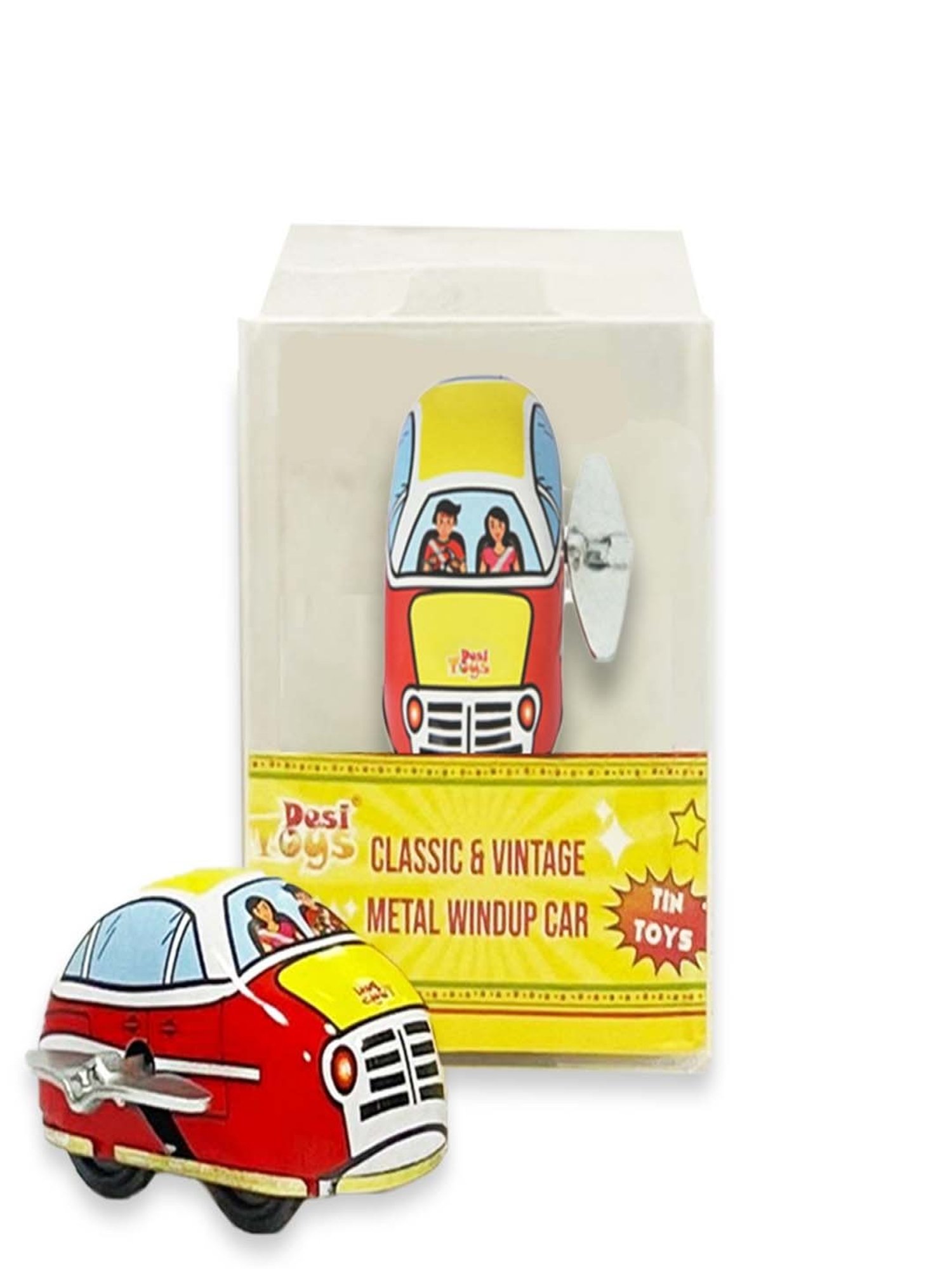 Desi Toys Kids Yellow & Red Metal Vintage Windup Car