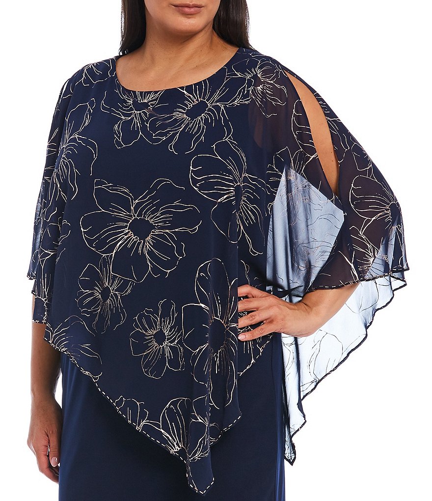 Ignite Evenings Plus Size Asymmetric Chiffon Floral Print Overlay Beaded Trim Sheath Dress