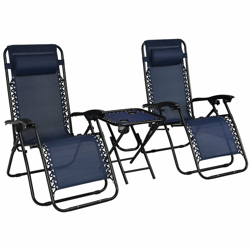 Costway 3PCS Zero Gravity Recliner Lounge Chairs Pillows Table Portable Folding Navy