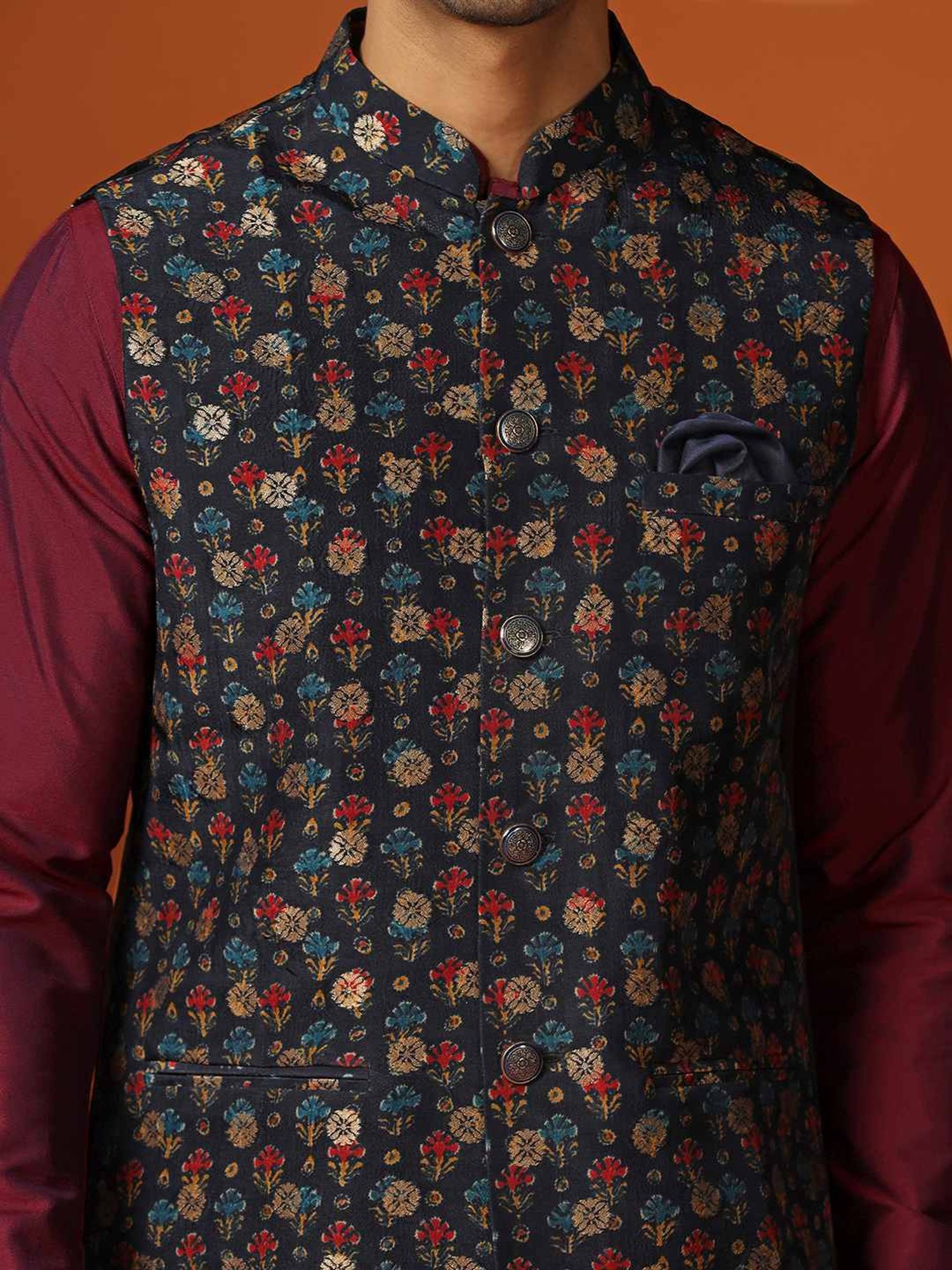 KISAH Indigo Regular Fit Printed Nehru Jacket