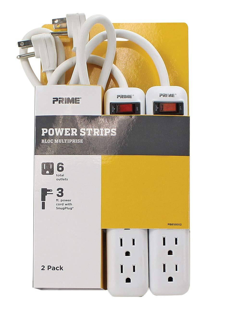Prime Wire PB8100X2 6-Outlet Power Strip with Right Angle Plug and 14-3 SJT 3-Feet Cord, 2-Pack