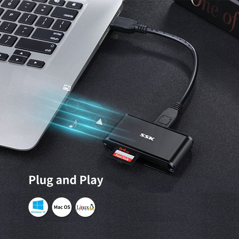 SSK USB SD Card Reader, 3-in-1 USB 3.0 Micro SD Card Reader,  Memory Card Reader Triple Slots for Camera Computer CF TF SD SDHC SDXC Mini SD, Compatible with Windows, Linux/Unix, MacOS X