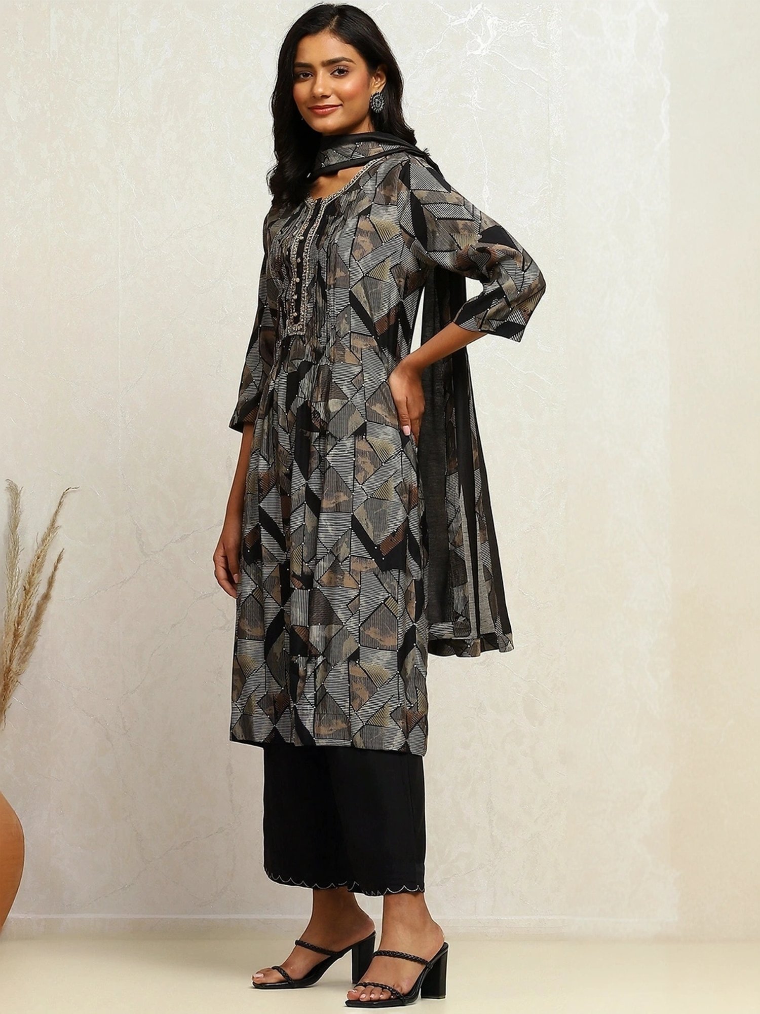 Biba Black Printed Kurta Palazzo Set With Dupatta